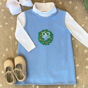 The Beaufort Bonnet Co Annie Apron Shift Dress Blue Wreath Pearl Bow 12 NWT